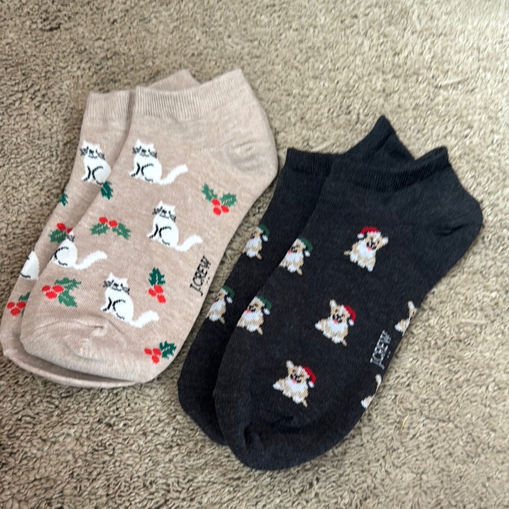 J. Crew Beige & Charcoal Holiday Cat and Dog Ankle Socks